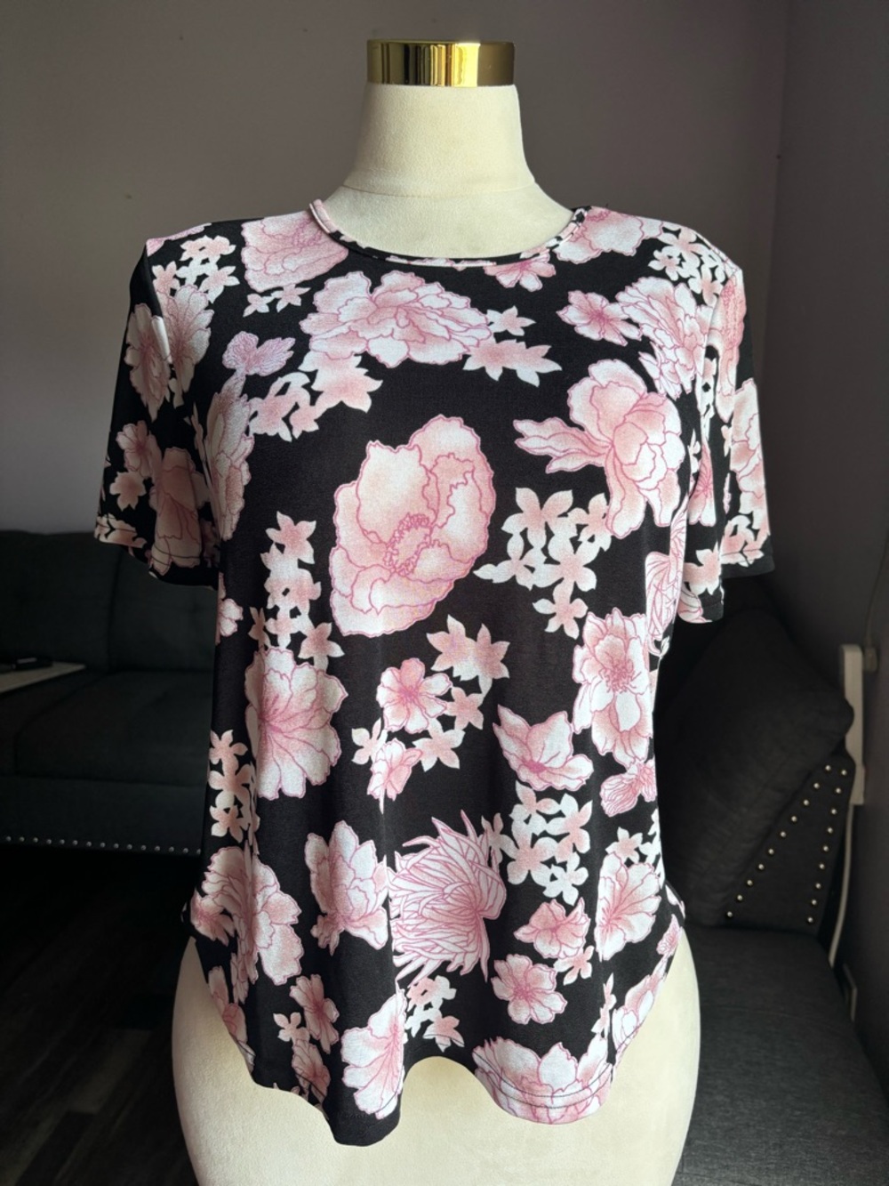 Jaclyn Smith Black Tee with Pink Floral Print